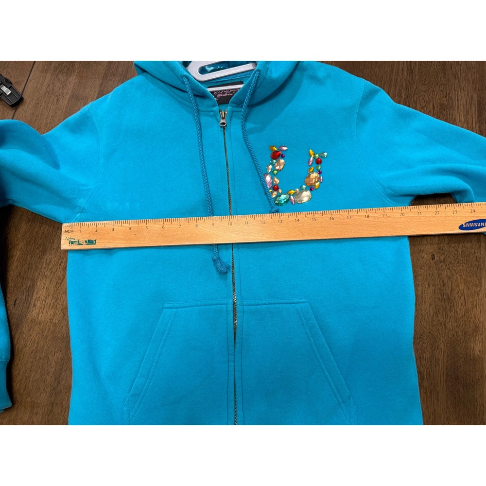 Cowgirl Hardware Turquoise Rhinestone Horseshoe Satin Lined Zip Hoodie Medium - Picture 7 of 9